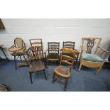 A SELECTION OF VARIOUS PERIOD CHAIRS, to include a slightly distressed commode, two oak carvers, a