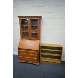 A CHERRYWOOD BUREAU/BOOKCASE, width 97cm x depth 51cm x height 200cm x height of base 106cm, and