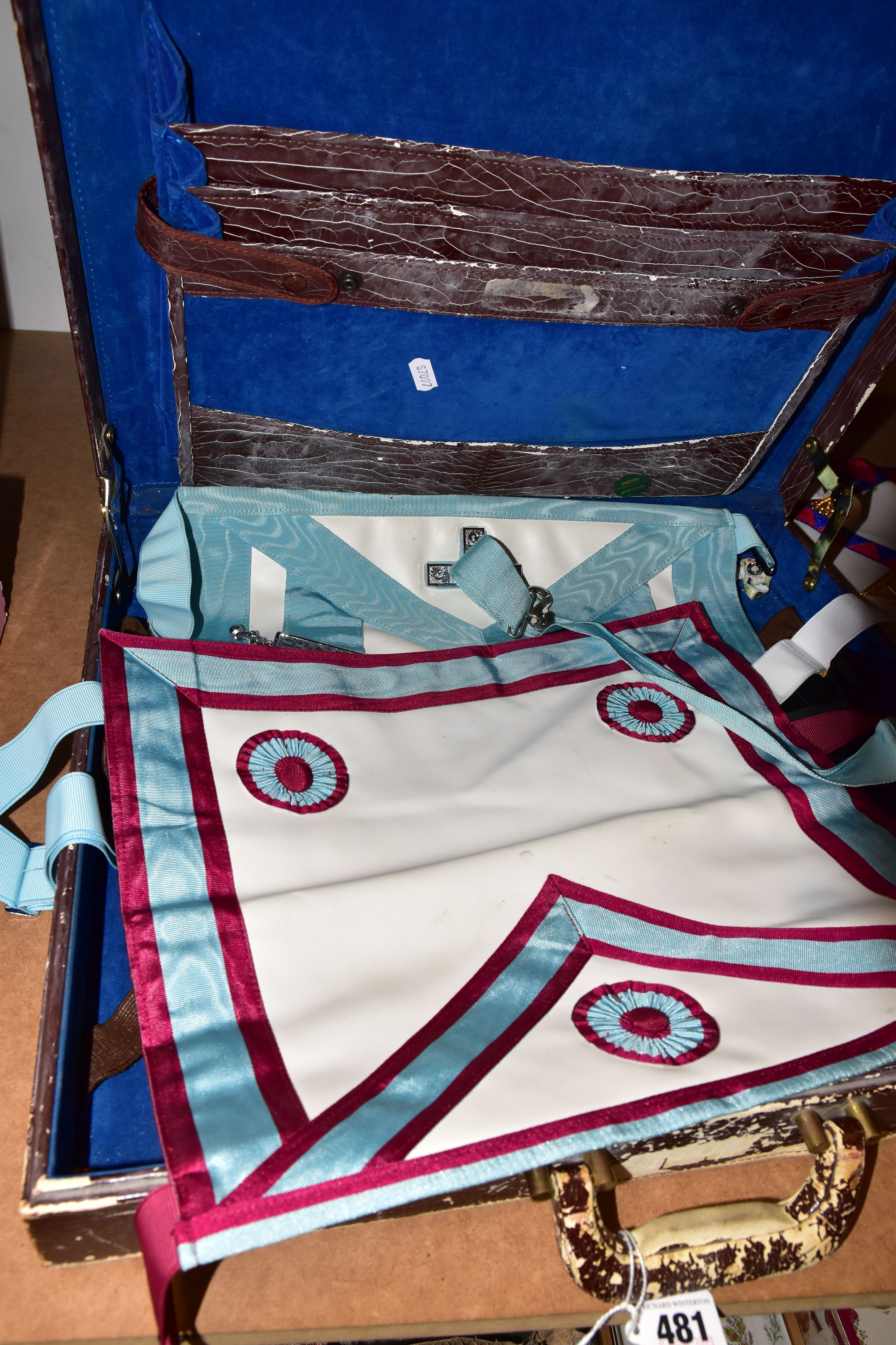 FREEMASONRY INTEREST, A BOX AND A BRIEFCASE OF RELATED ITEMS, to include four aprons, a stone plaque - Image 4 of 5