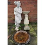 A COMPOSITE BIRDBATH missing base along with a statue of a lady with flowing robes (2)