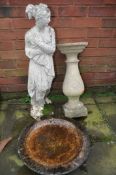 A COMPOSITE BIRDBATH missing base along with a statue of a lady with flowing robes (2)