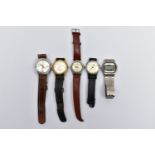 FIVE GENTS WRISTWATCHES, to include a 'Cauny, Swiss 17 rubies', watch, manual wind, round silver