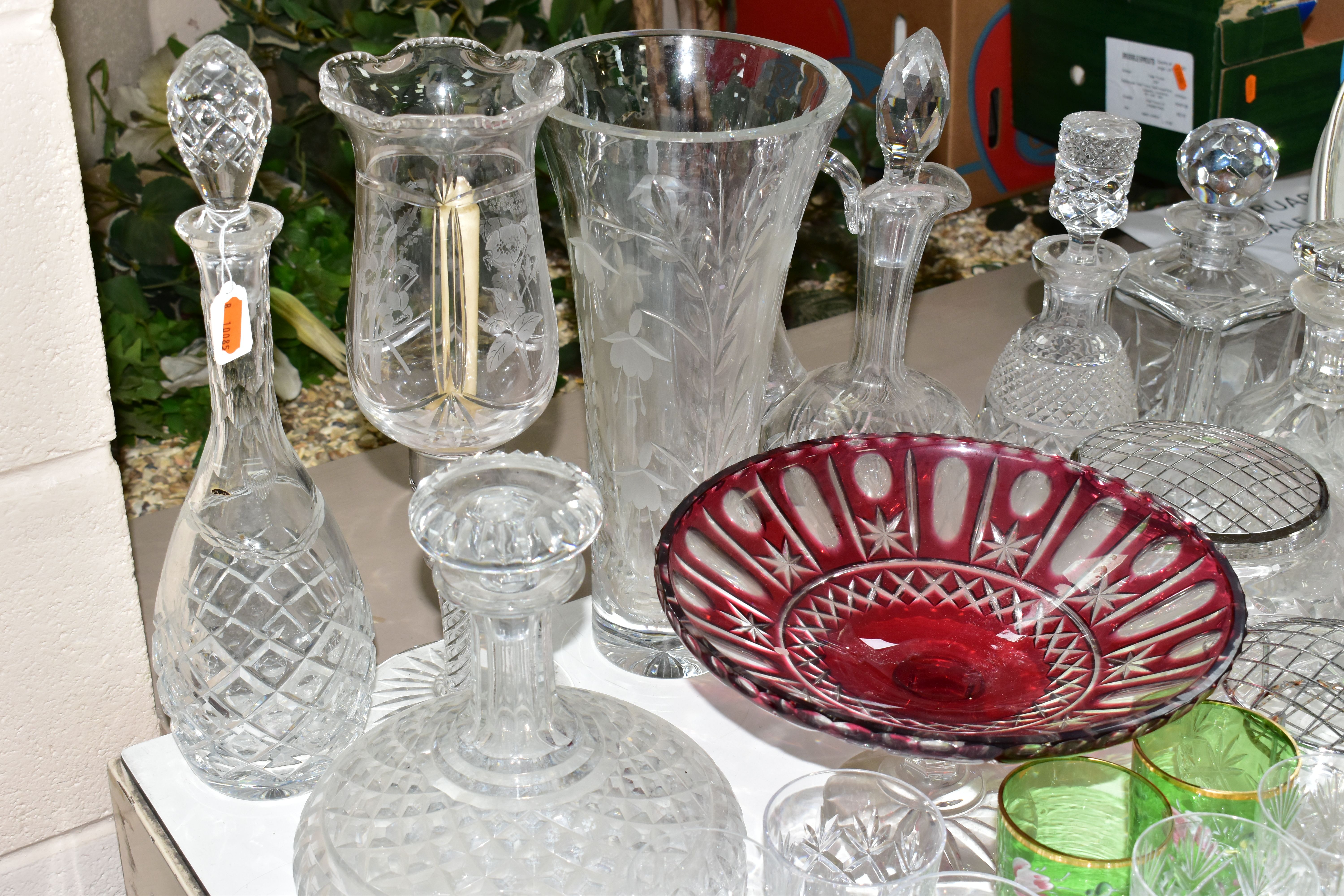 A GROUP OF CUT CRYSTAL AND COLOURED GLASSWARES, to include a large Stuart Crystal Cascade vase - Image 7 of 7