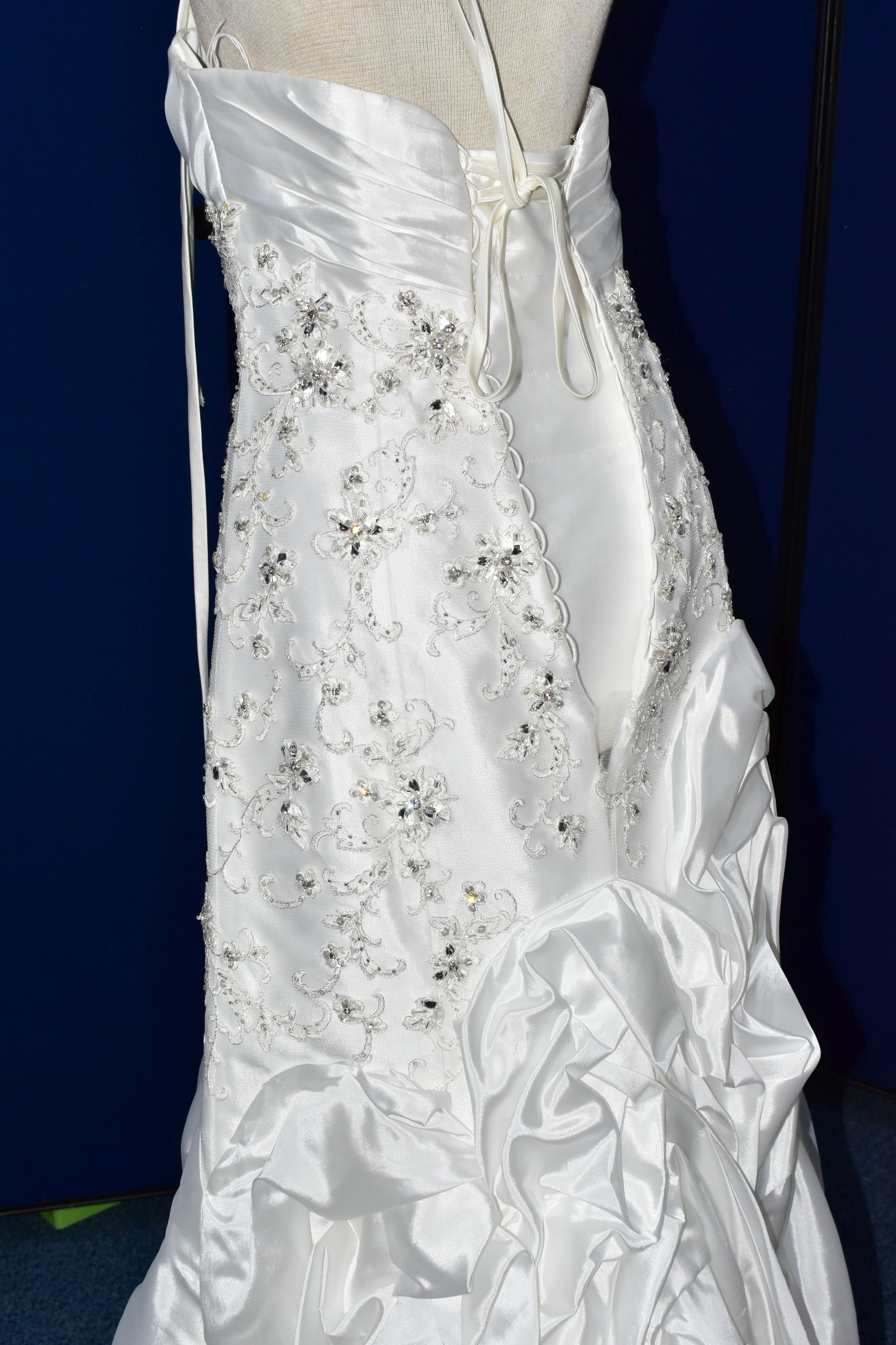 WEDDING GOWN, 'Sophia Tolli' white satin, size 8, strapless, ruched skirt, beaded detail on - Image 15 of 17