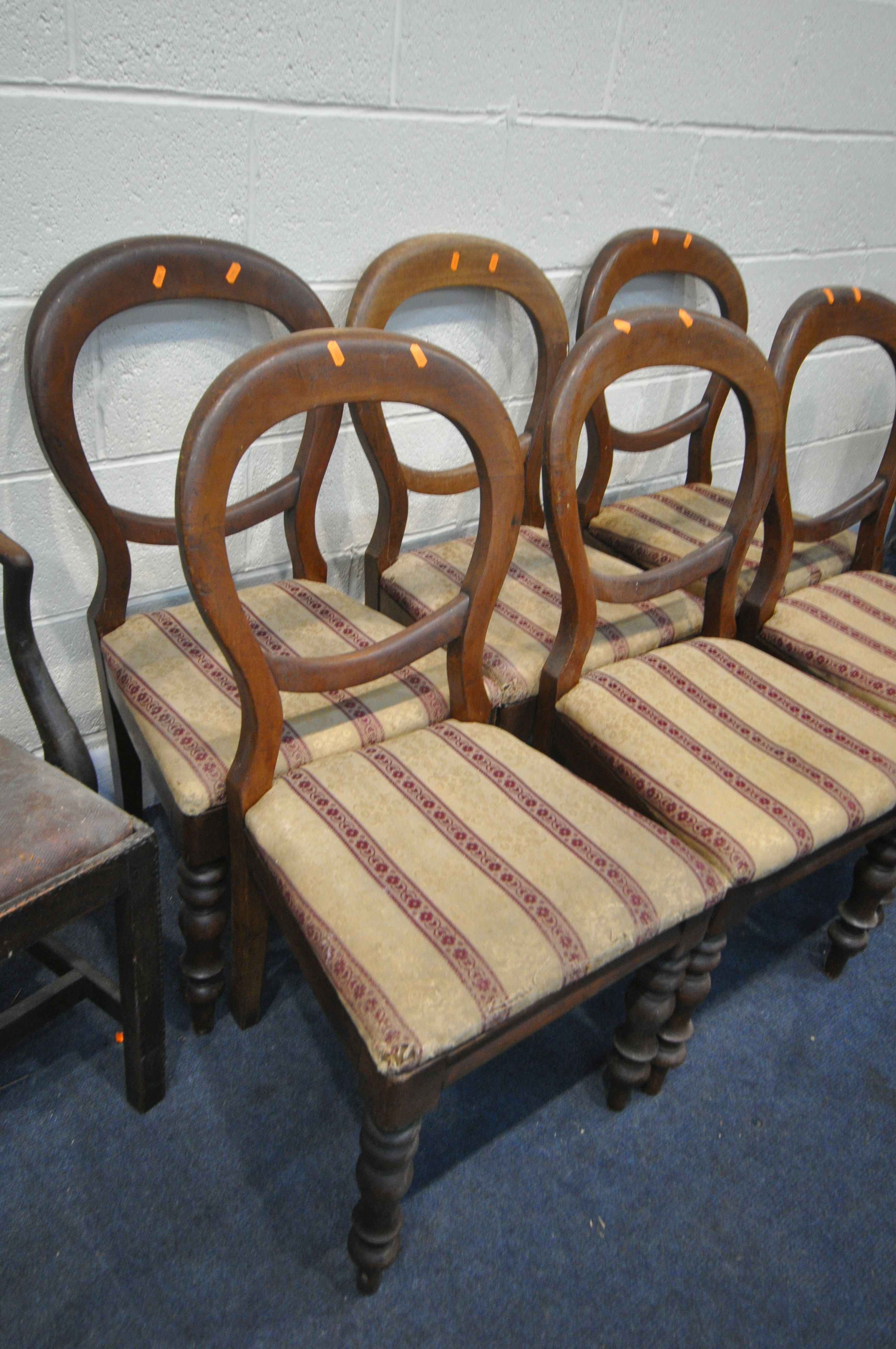 A SET OF SIX MAHOGANY BALLOON BACK DINING CHAIRS, with stripped seat pads, and a Chippendale style - Image 2 of 4