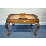 A REPRODUX MAHOGANY TRAY TOP TABLE, on cabriole legs, with ball and claw feet, width 87cm x depth