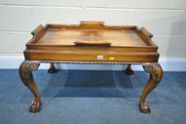A REPRODUX MAHOGANY TRAY TOP TABLE, on cabriole legs, with ball and claw feet, width 87cm x depth