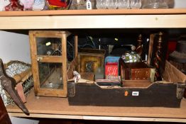 TWO BOXES AND LOOSE DOLLS, SEWING MACHINE, SCALES AND SUNDRY ITEMS, to include a cased Tailor Bird