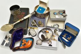 A BOX OF ASSORTED JEWELLERY AND OTHER ITEMS, to include a rose metal centurian signet ring (a/f),