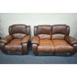 A BROWN LEATHER MANUAL RECLINING TWO PIECE SUITE, comprising a two seater sofa, length 159cm, and an