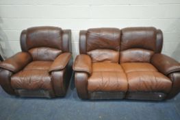 A BROWN LEATHER MANUAL RECLINING TWO PIECE SUITE, comprising a two seater sofa, length 159cm, and an