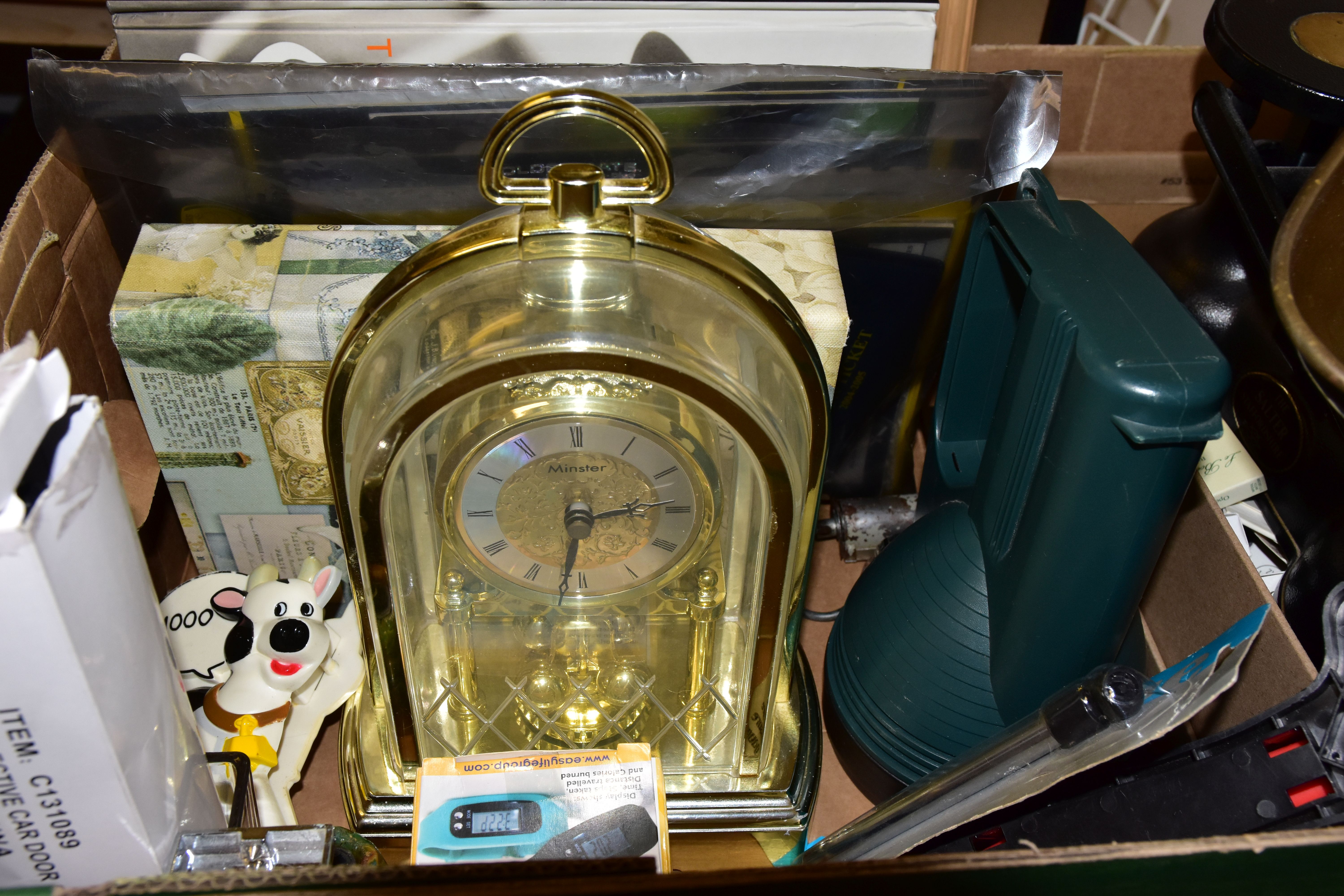 ONE BOX OF SUNDRIES to include a set of Salter scales, a battery powered mantle clock, a glass - Image 2 of 4