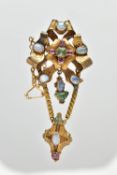 A VICTORIAN GEM SET MEMORIAL BROOCH, yellow metal scrolling bow mount, set with vari cut opals,