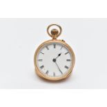 AN EARLY 20TH CENTURY, 18CT GOLD OPEN FACE POCKET WATCH, manual wind, round white dial, Roman