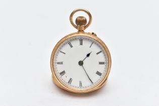 AN EARLY 20TH CENTURY, 18CT GOLD OPEN FACE POCKET WATCH, manual wind, round white dial, Roman