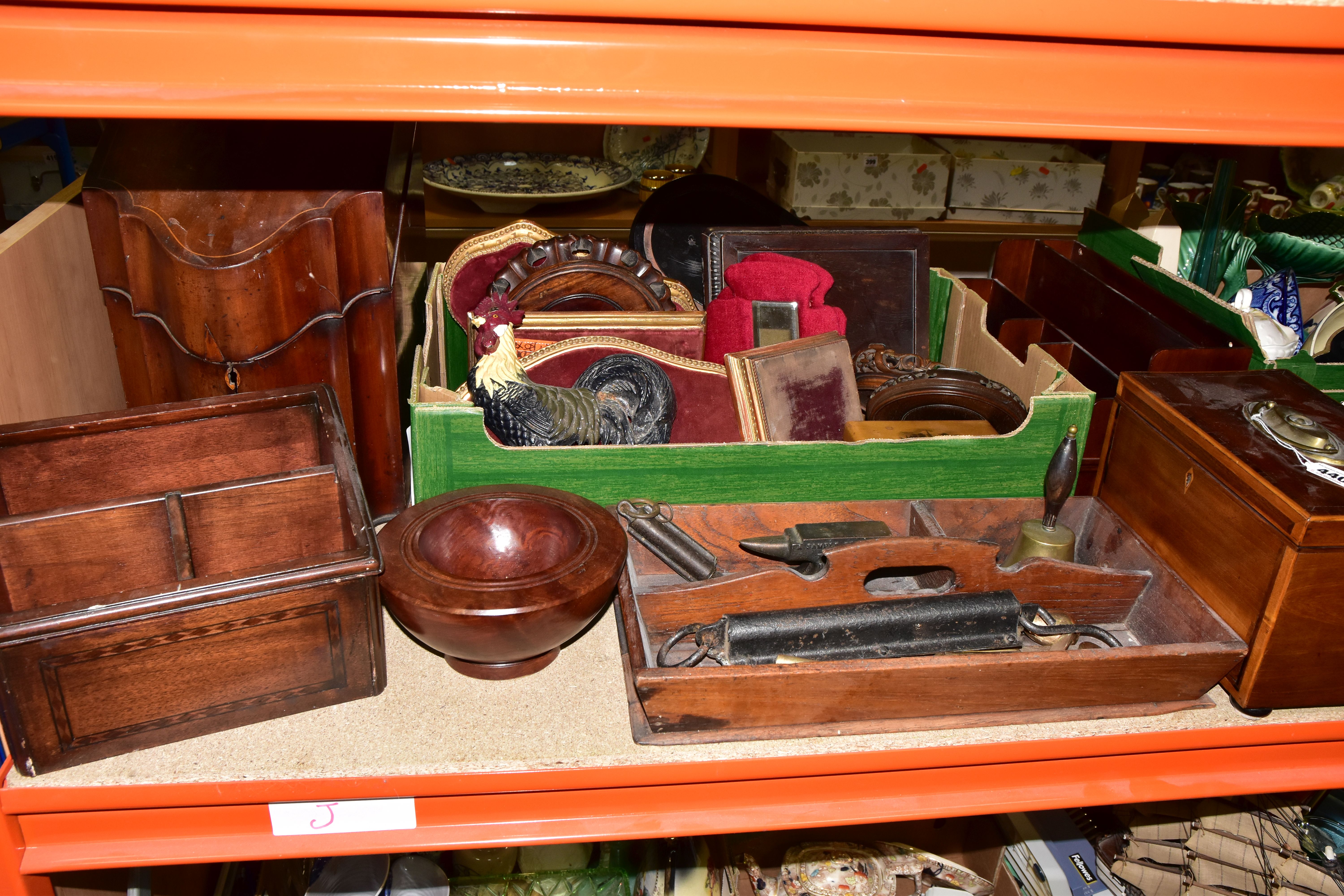 ONE BOX OF TREEN, to include a late 19th Century tea caddy with two separate internal