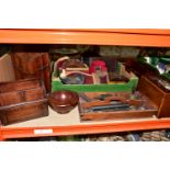 ONE BOX OF TREEN, to include a late 19th Century tea caddy with two separate internal