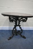 A VICTORIAN CAST IRON BISTRO TABLE, with a later mahogany top, with a circular plaque, inscribed