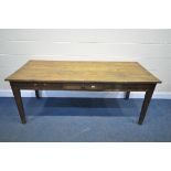 A 19TH CENTURY ELM PLANK TOP FARMHOUSE TABLE, with a single frieze drawer, on square tapered legs,