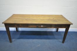 A 19TH CENTURY ELM PLANK TOP FARMHOUSE TABLE, with a single frieze drawer, on square tapered legs,