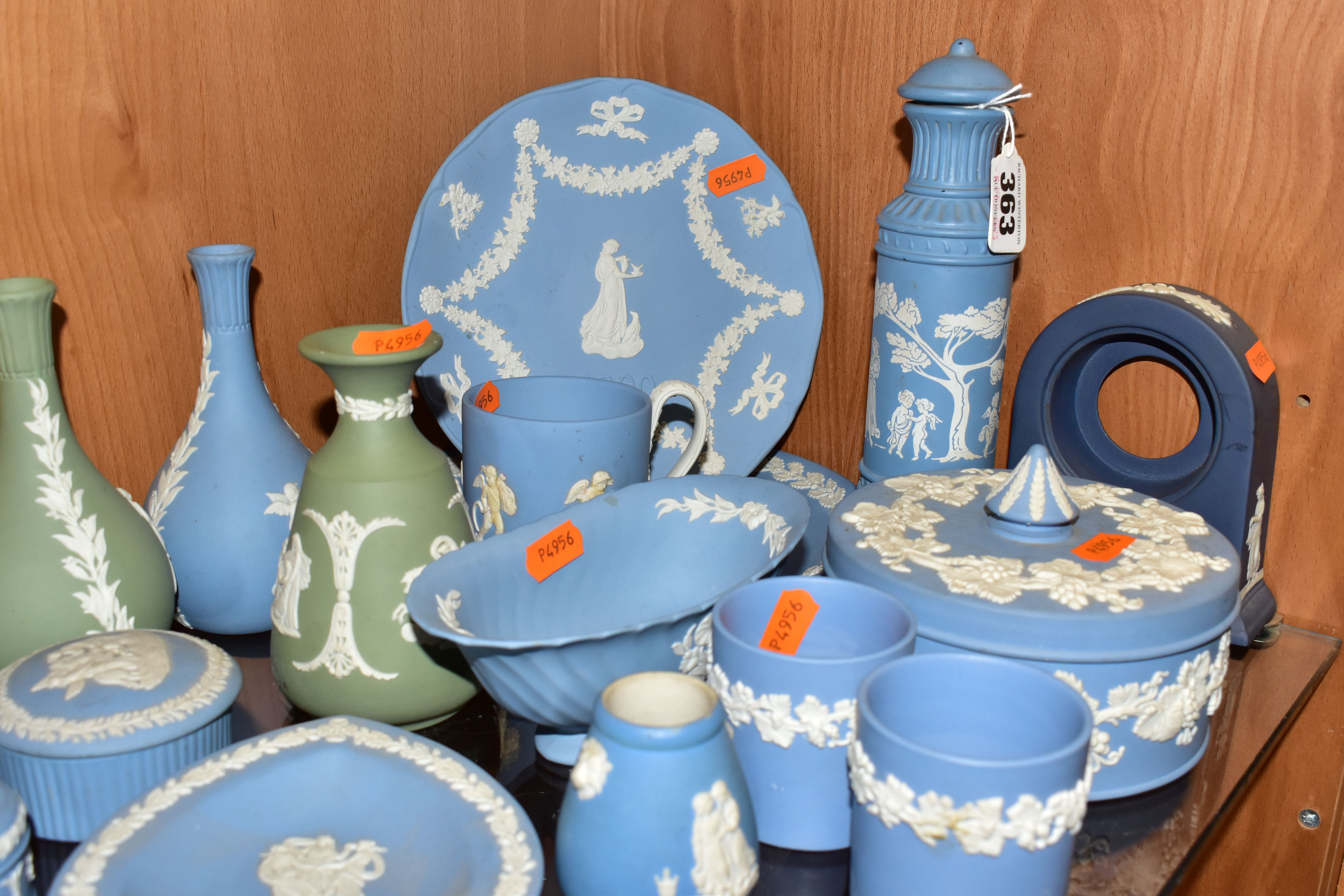 A COLLECTION OF WEDGWOOD JASPERWARES, mainly light blue pieces, to include six vases, tallest - Image 6 of 6