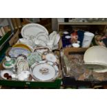 FOUR BOXES OF CERAMICS AND GLASSWARES, to include a Royal Doulton Pastorale H5002 dinner service