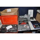 A SELECTION OF CASED TOOLS AND A BOX OF LOOSE to include large 54 piece socket set, scalpel set,