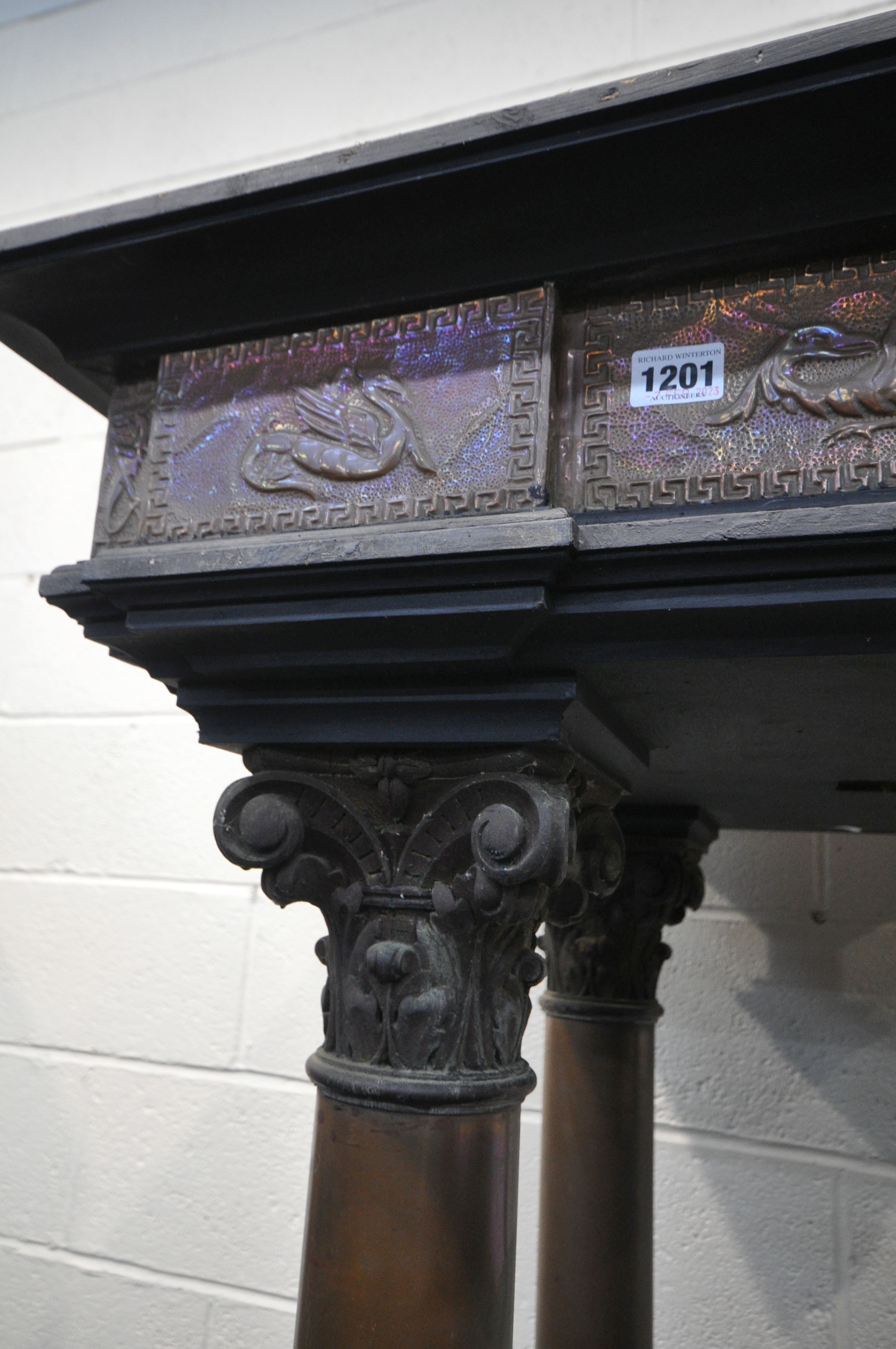 AN 19TH CENTURY FRENCH COLUMN PEDESTAL, with later ebonised wood, embossed brass work panels, on - Image 4 of 8