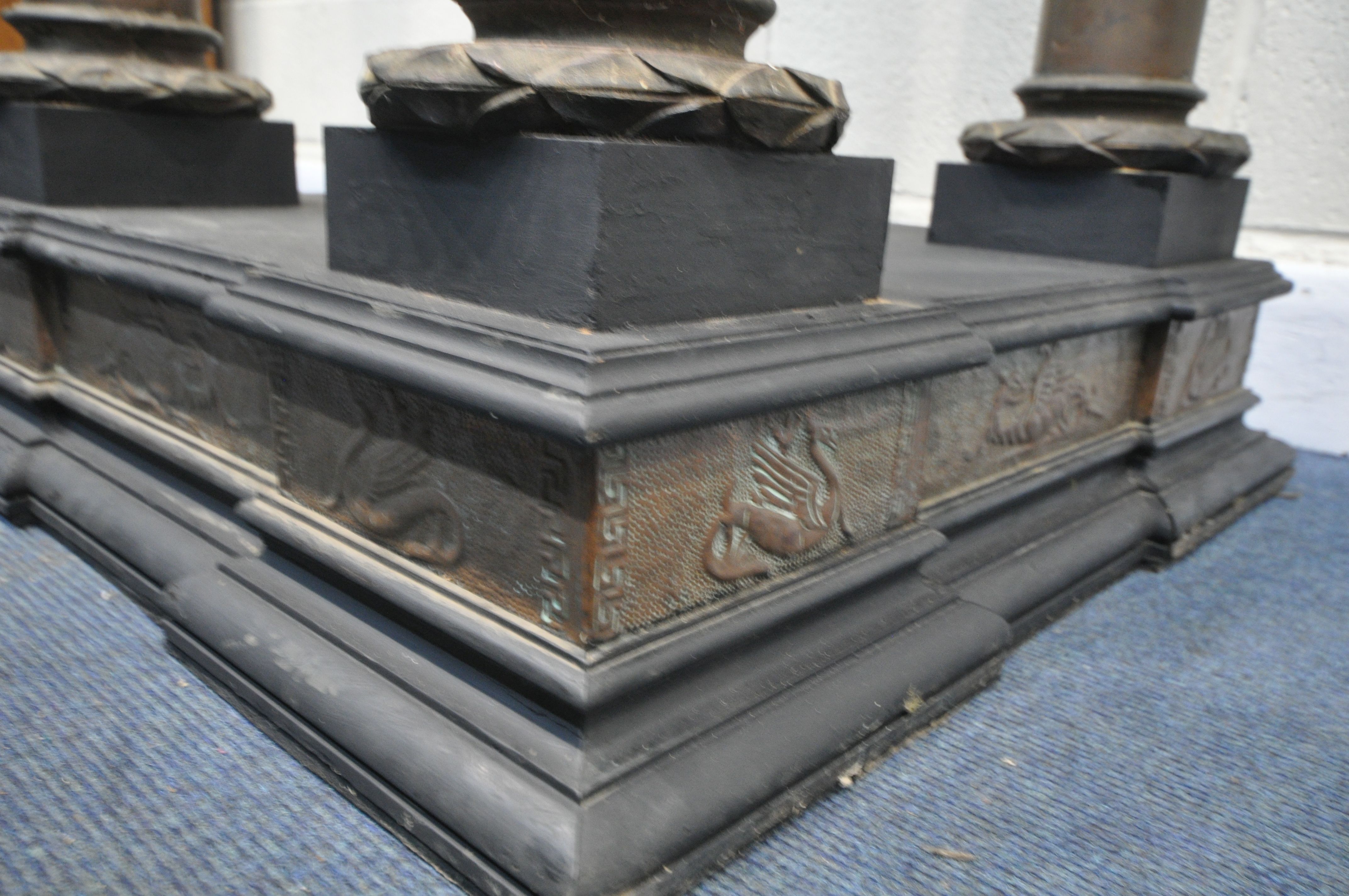 AN 19TH CENTURY FRENCH COLUMN PEDESTAL, with later ebonised wood, embossed brass work panels, on - Image 8 of 8