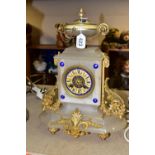 A FRENCH MANTEL CLOCK, white onyx body with foliate gilt decoration, hand painted face with a blue