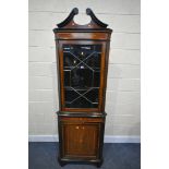 AN EDWARDIAN MAHOGANY AND MARQUETRY INLAID GLAZED CORNER CUPBOARD, width 67cm x depth 38cm x