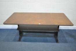 A VINTAGE MITCHELLS AND BUTLERS LTD RECTANGULAR CAST IRON TABLE, with later wooden top and