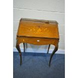 A LOUIS XVI STYLE KINGWOOD AND MARQUETRY INLAID BUREAU DE DAME, with a brass gallery, the fall front