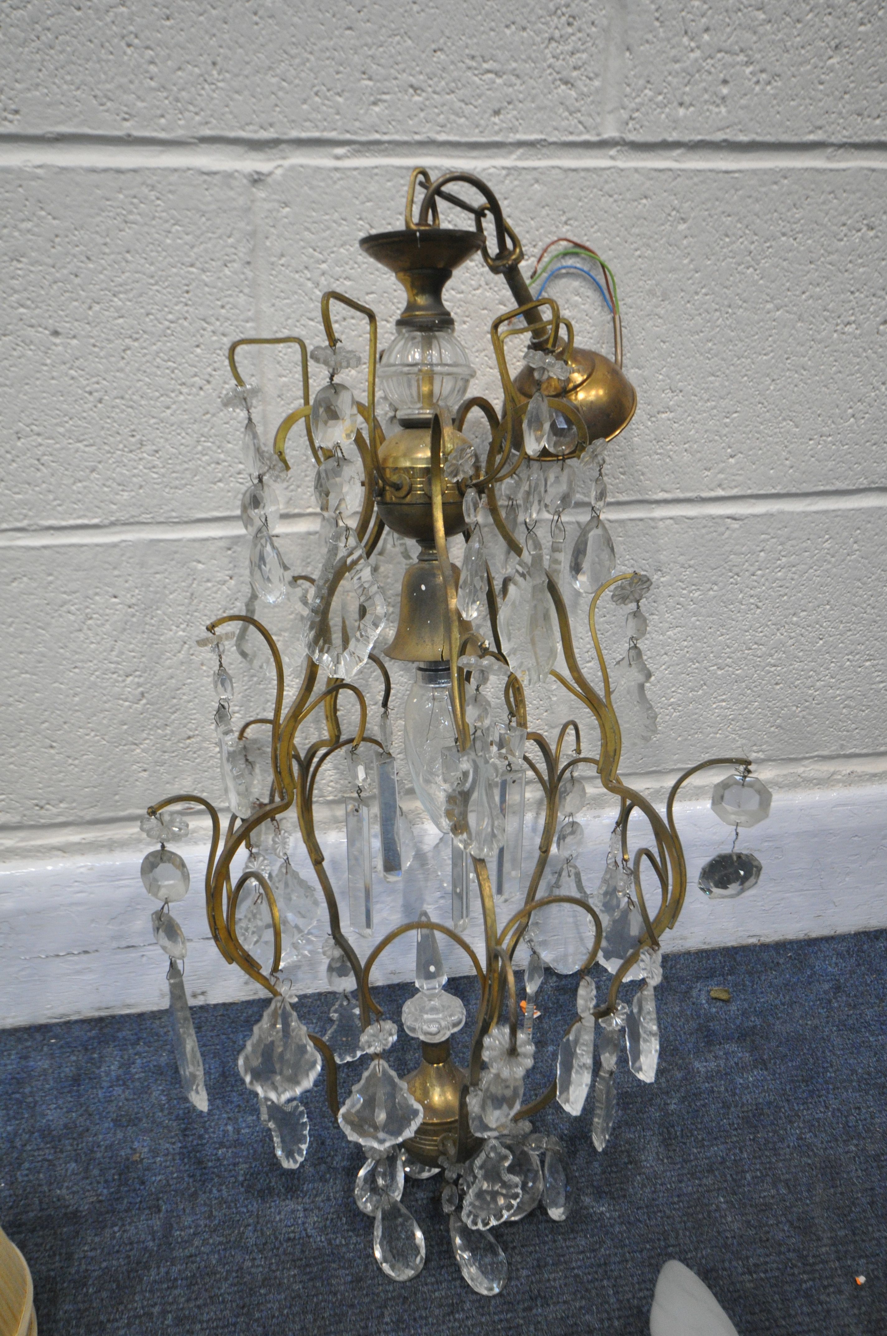 A FRENCH BRASS CEILING LIGHT, with glass droppers, drop height 79cm, and a pair of heavy French - Image 2 of 3