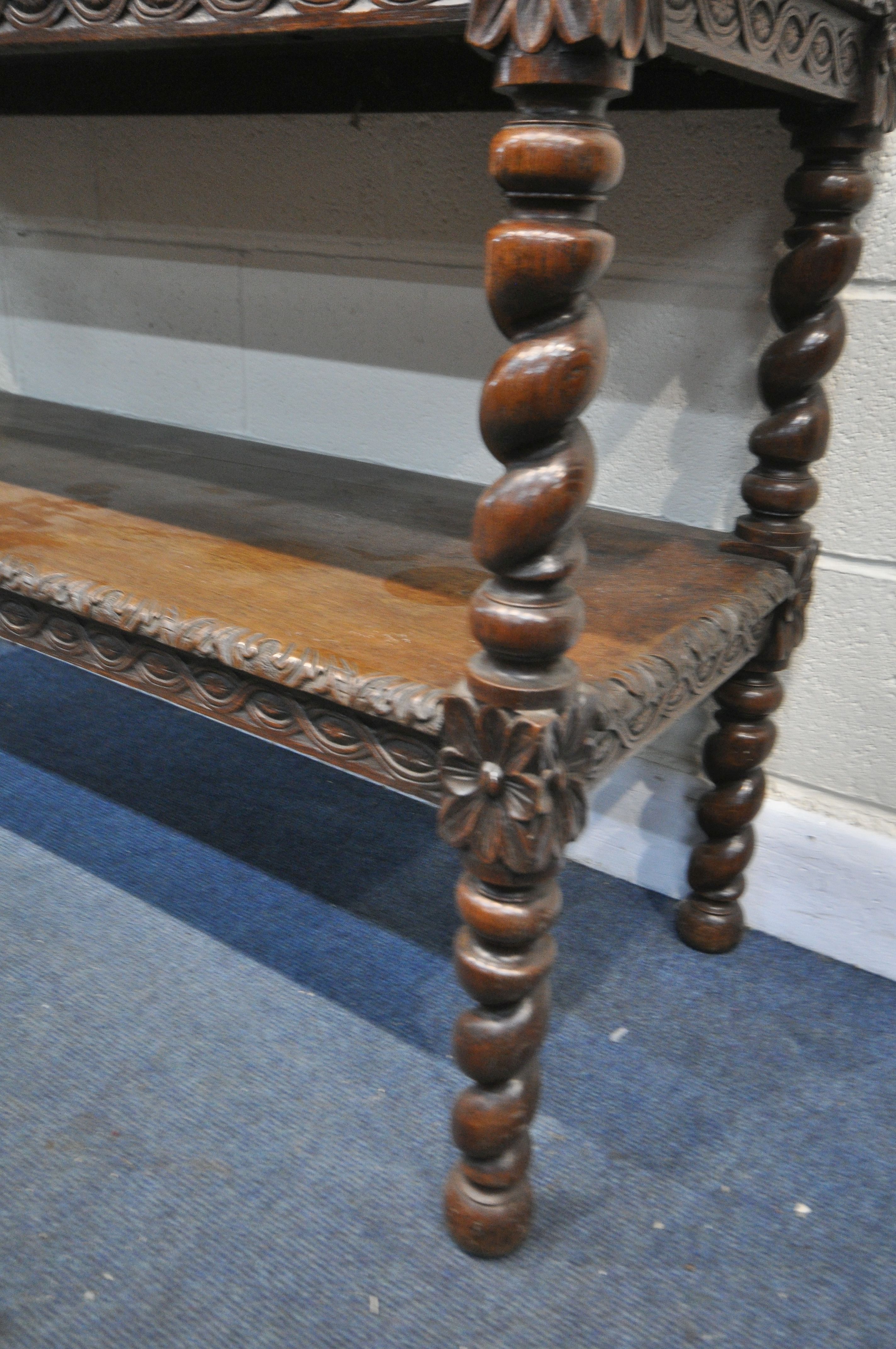 A LATE 19TH/EARLY 20TH CENTURY CARVED OAK THREE TIER BUFFET, on barley twist uprights, width 137cm x - Image 4 of 6