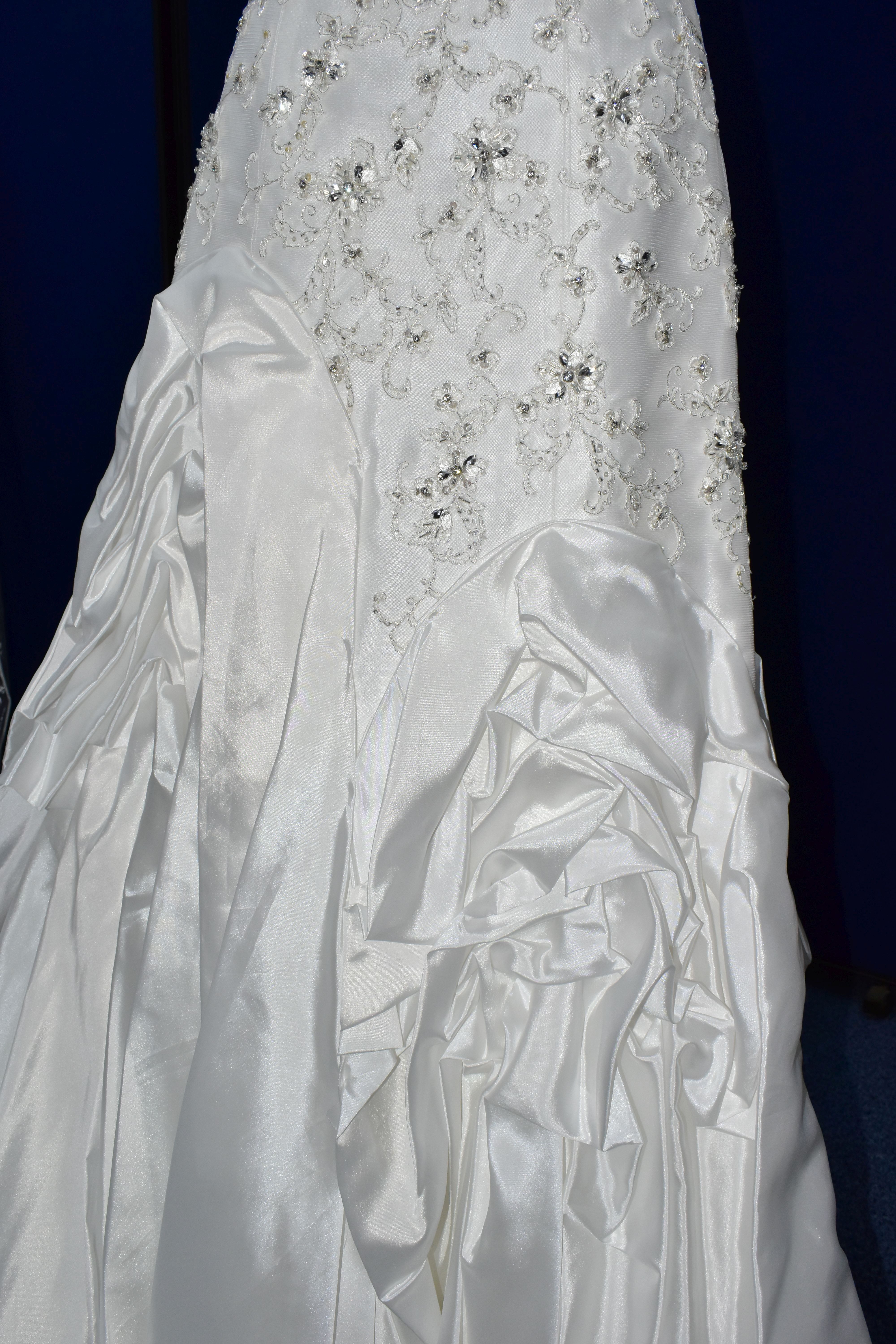 WEDDING GOWN, 'Sophia Tolli' white satin, size 8, strapless, ruched skirt, beaded detail on - Image 5 of 17