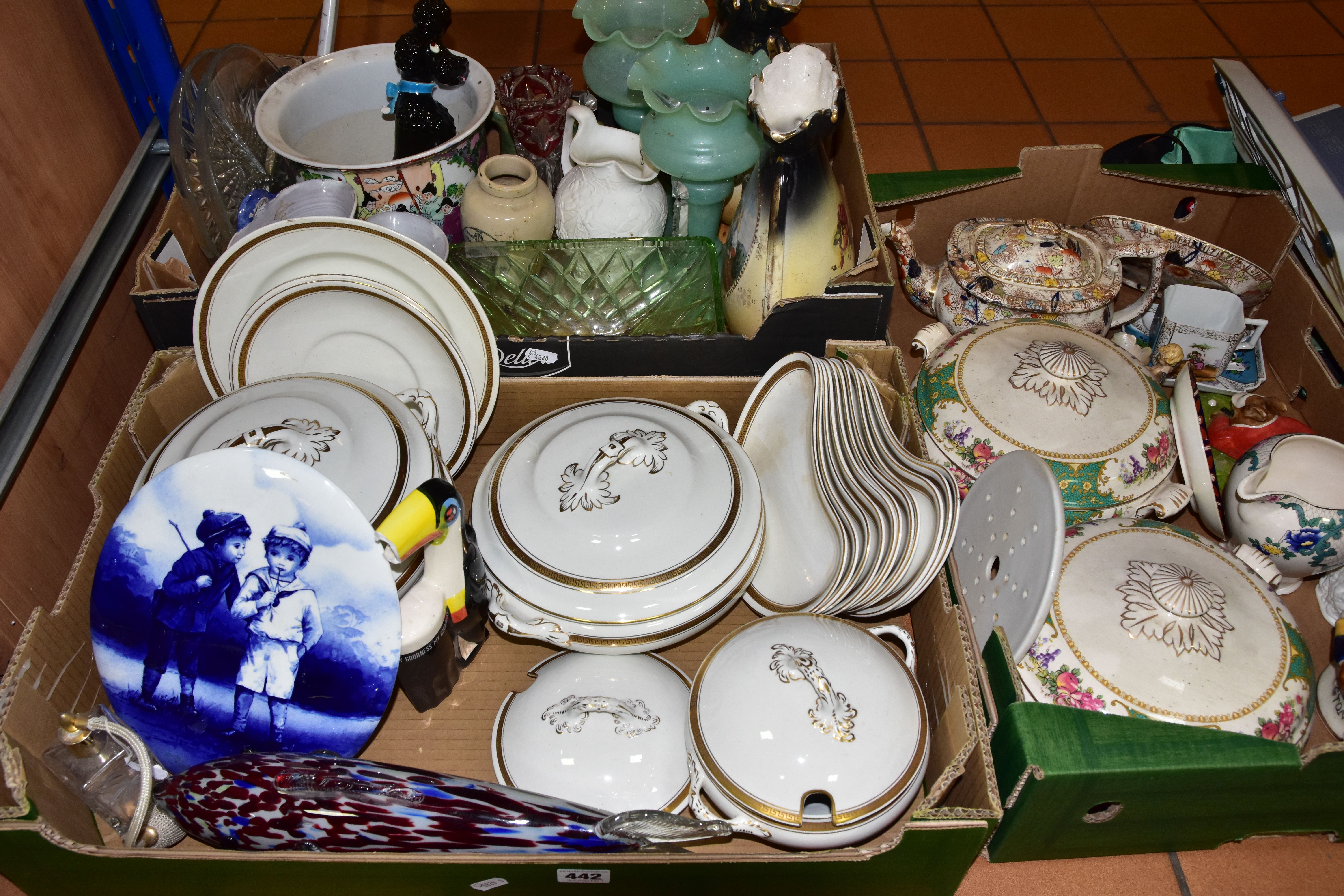 THREE BOXES OF CERAMICS, to include an early 20th Century teapot and stand, a Portmeirion Parian