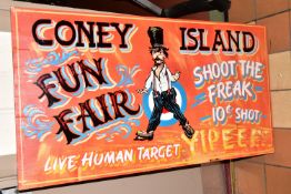 A REPRODUCTION AMERICAN FAIRGROUND SIGN 'CONEY ISLAND FUN FAIR', brightly coloured paint on wooden