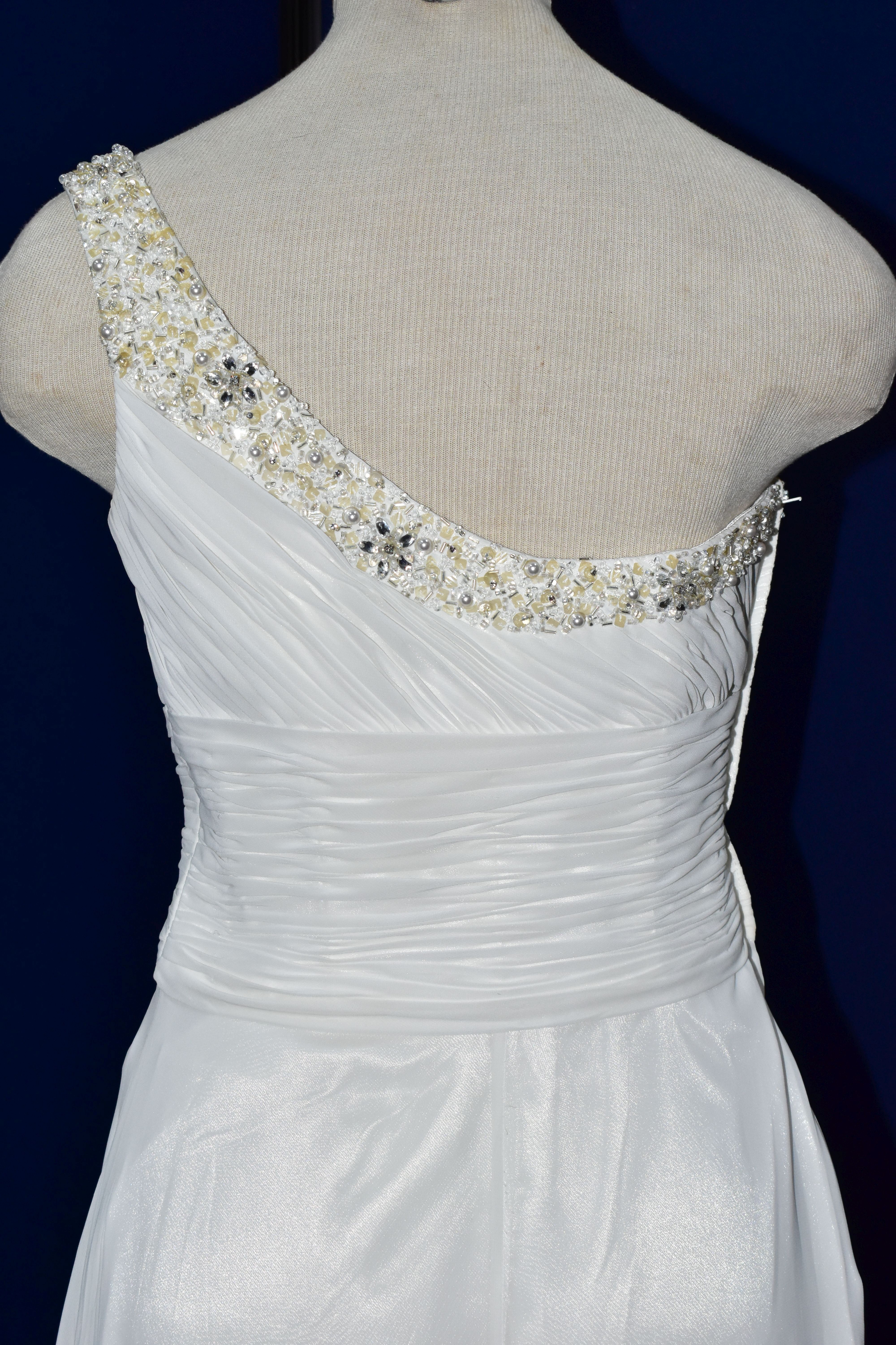 WEDDING DRESS, ruched bodice, one shoulder, ivory, Grecian style, approximate size 8/10 (1) - Image 2 of 5