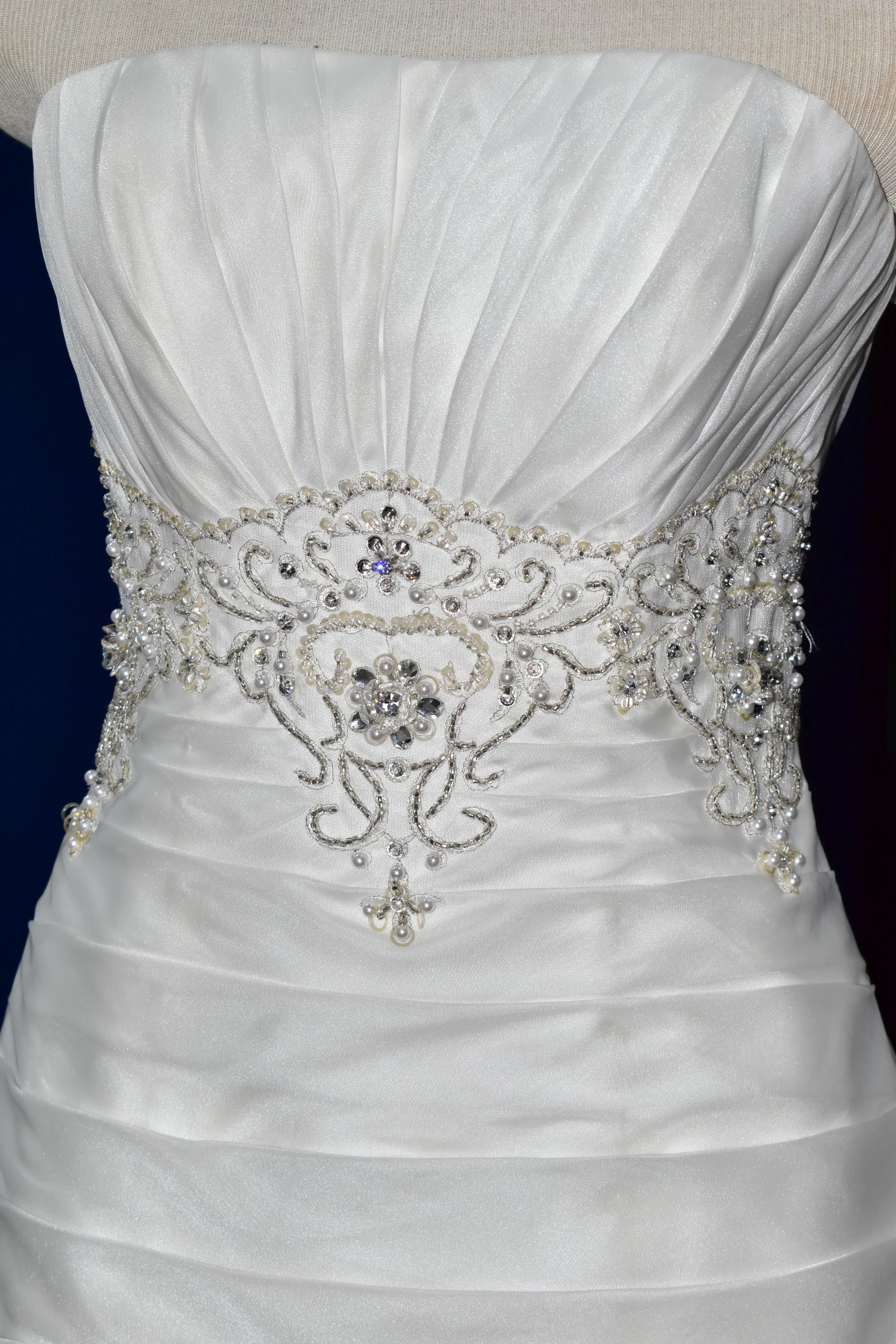 WEDDING GOWN, white strapless gown, pleated bodice pearl and beaded appliques, size 10 (1) - Image 3 of 14