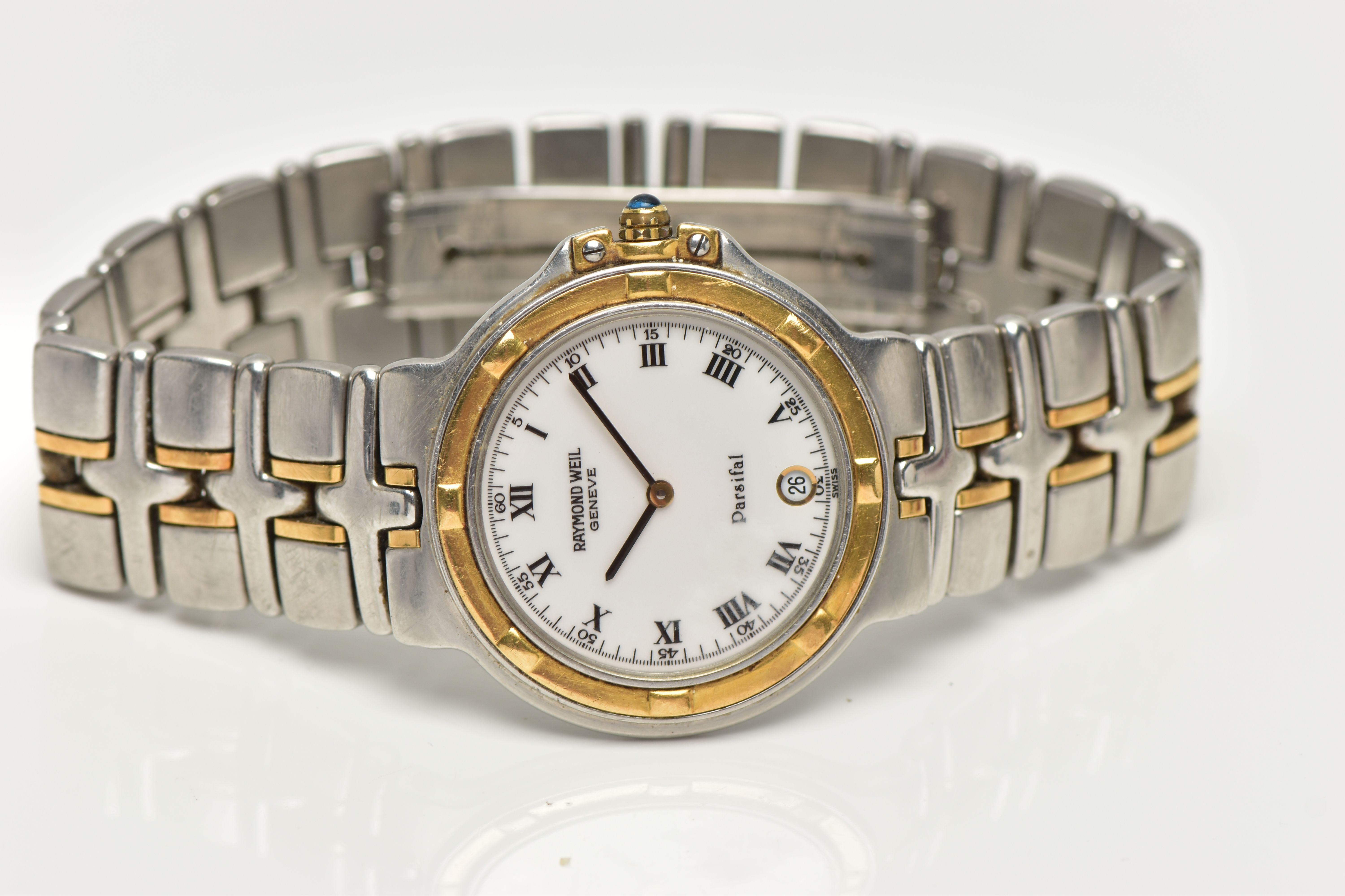 A 'RAYMOND WEIL' BICOLOUR WRIST WATCH, quartz movement, round white dial signed 'Raymond Weil' - Image 4 of 6