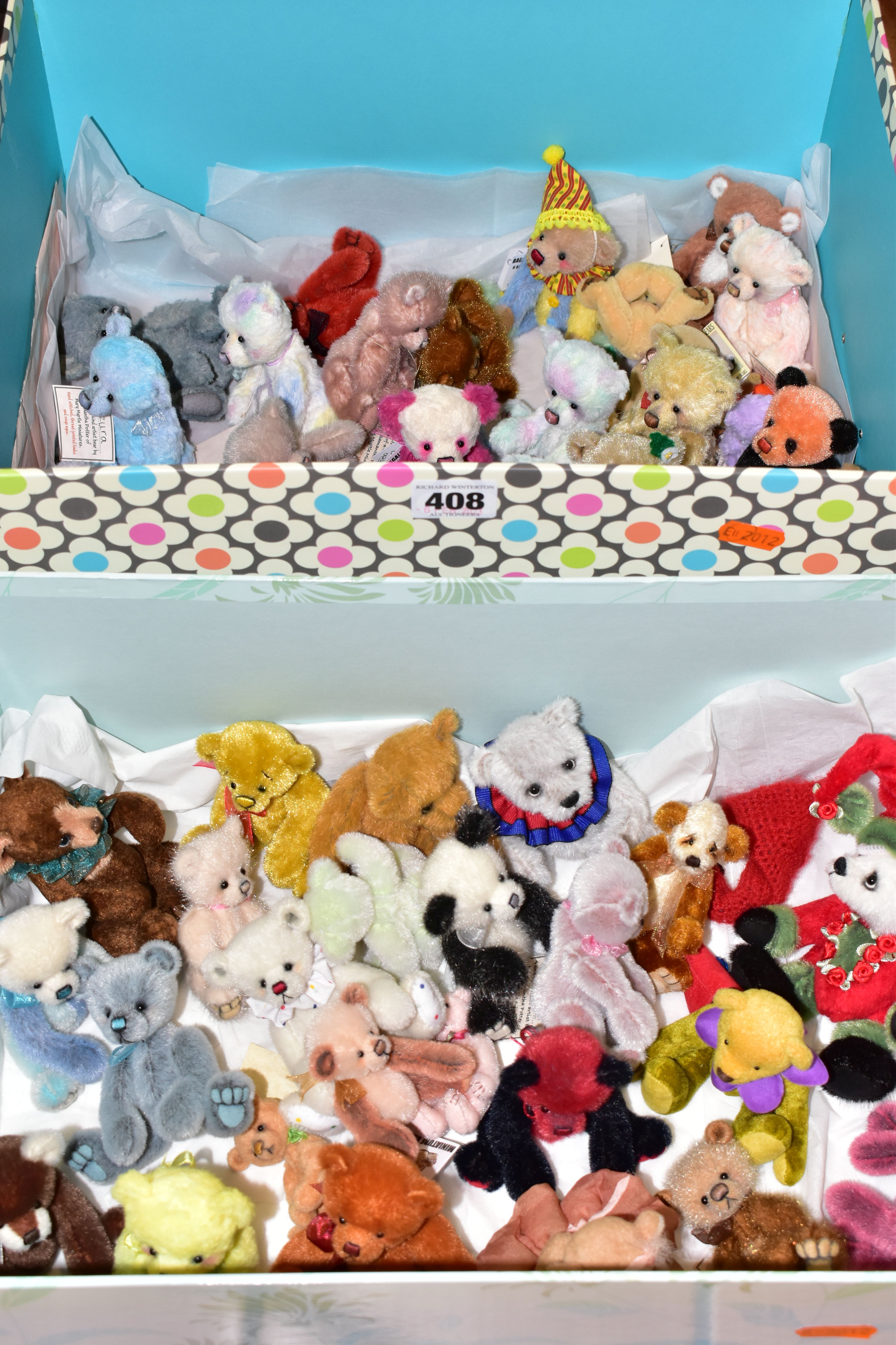 TWO BOXES OF COLLECTOR'S HANDMADE MINIATURE TEDDY BEARS, many one of a kind, comprising