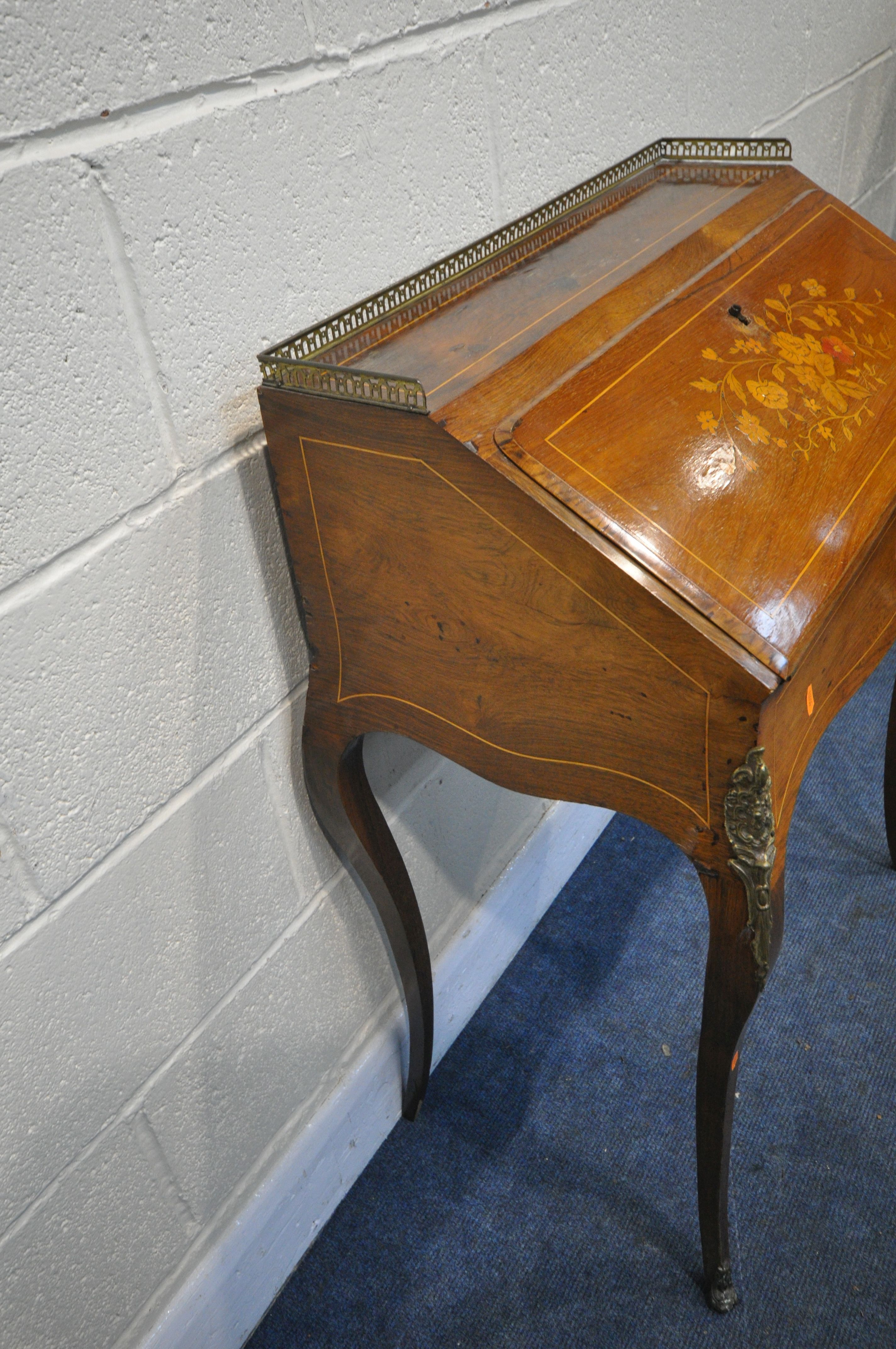 A LOUIS XVI STYLE KINGWOOD AND MARQUETRY INLAID BUREAU DE DAME, with a brass gallery, the fall front - Image 5 of 5