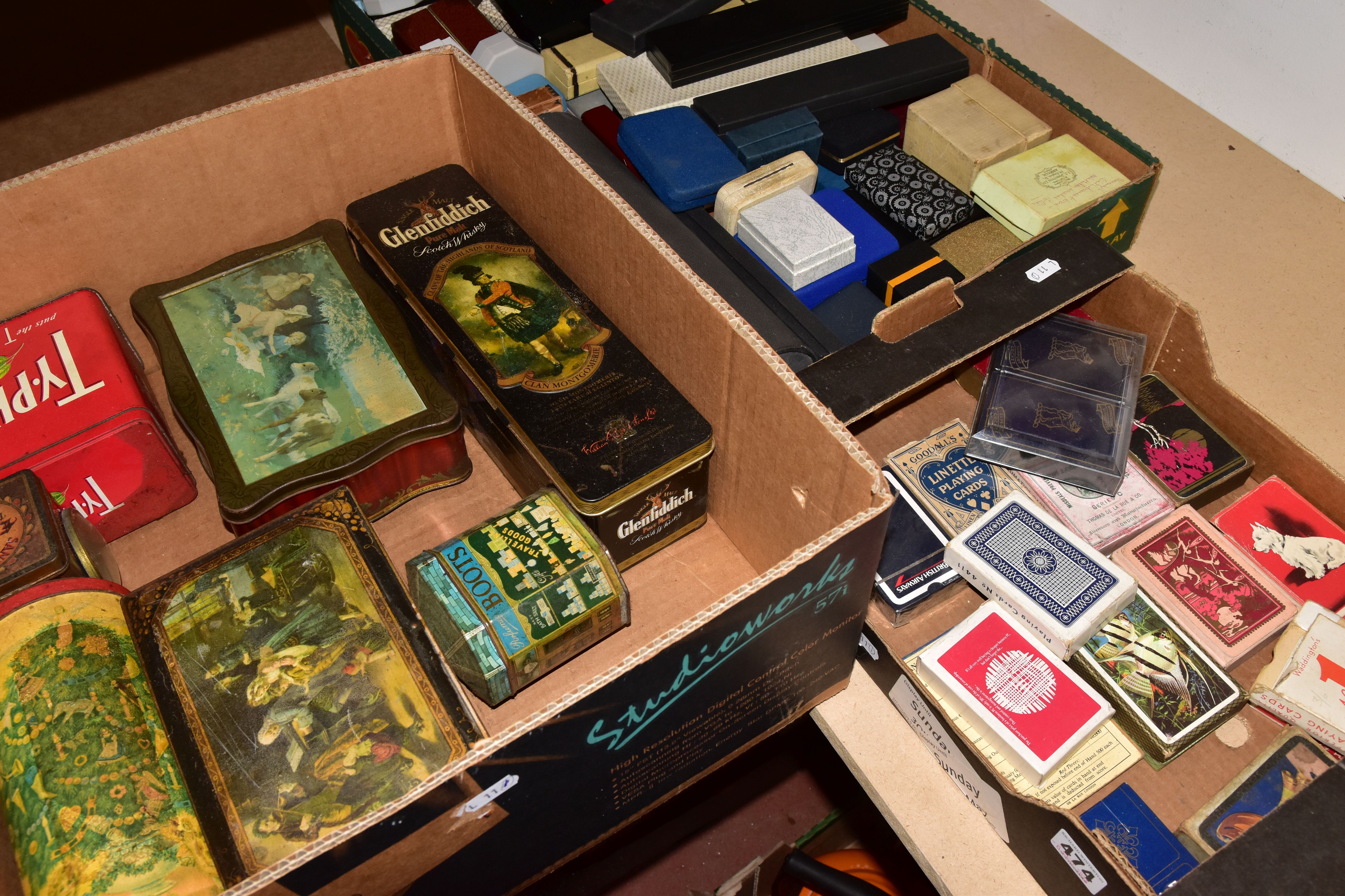 THREE BOXES OF EMPTY JEWELLERY BOXES, TINS AND PLAYING CARDS, to include a quantity of assorted