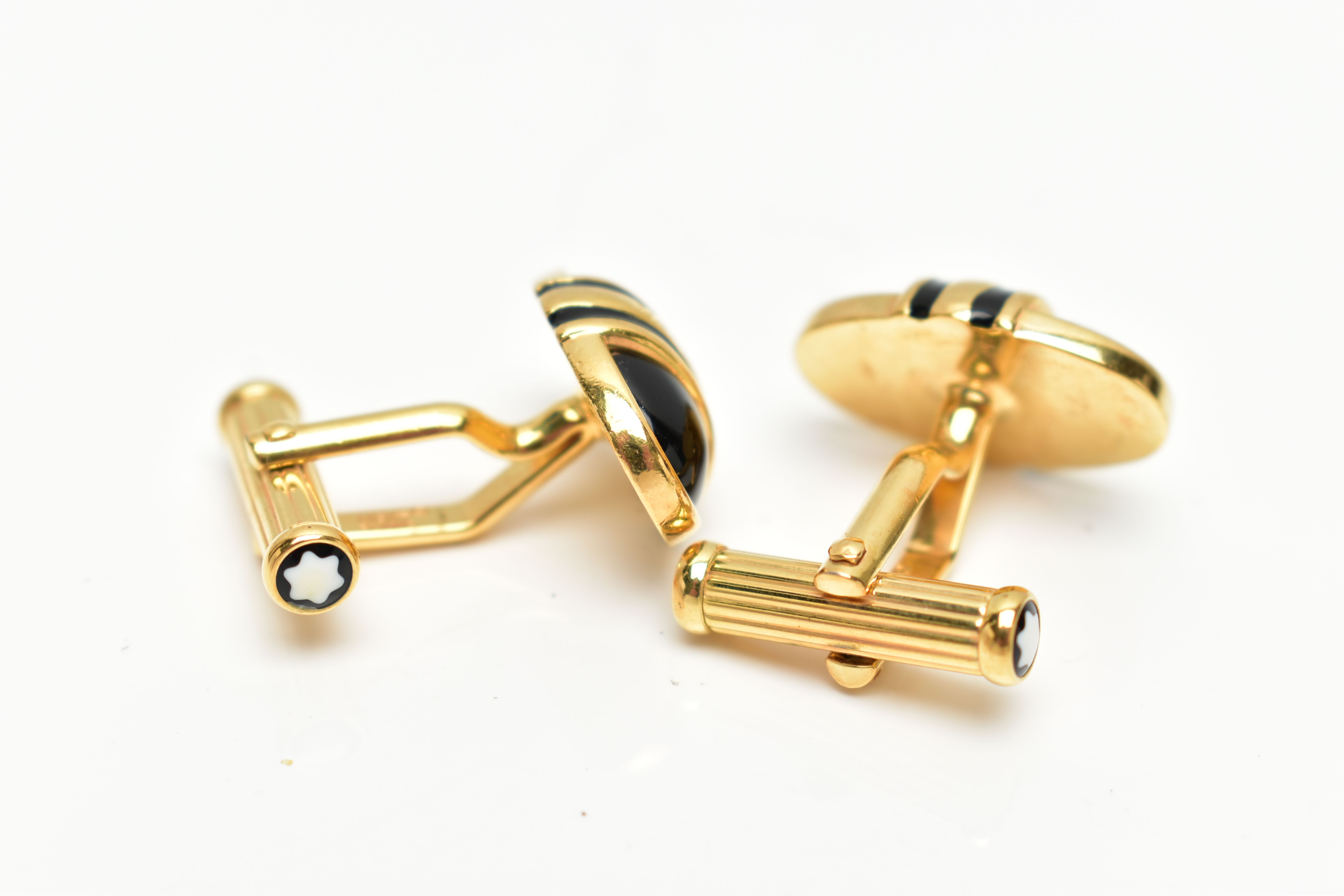 A PAIR OF YELLOW METAL, ENAMELLED 'MONTBLANC' CUFFLINKS, each of an oval form, inscribed ' - Image 2 of 3