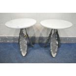 A PAIR OF WHITE CIRCULAR MARBLE TOP SIDE TABLES, on a three silvered leaves support, diameter 41cm x