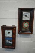 TWO 19TH CENTURY MAOGANY AMERICAN WALL CLOCKS, in an ogee shaped case, each clock with a different