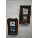 TWO 19TH CENTURY MAOGANY AMERICAN WALL CLOCKS, in an ogee shaped case, each clock with a different