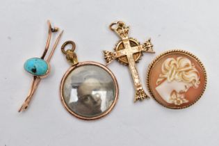 FOUR PIECES OF JEWELLERY, to include a hollow cross pendant, stamped 9ct, fitted with a jump ring,