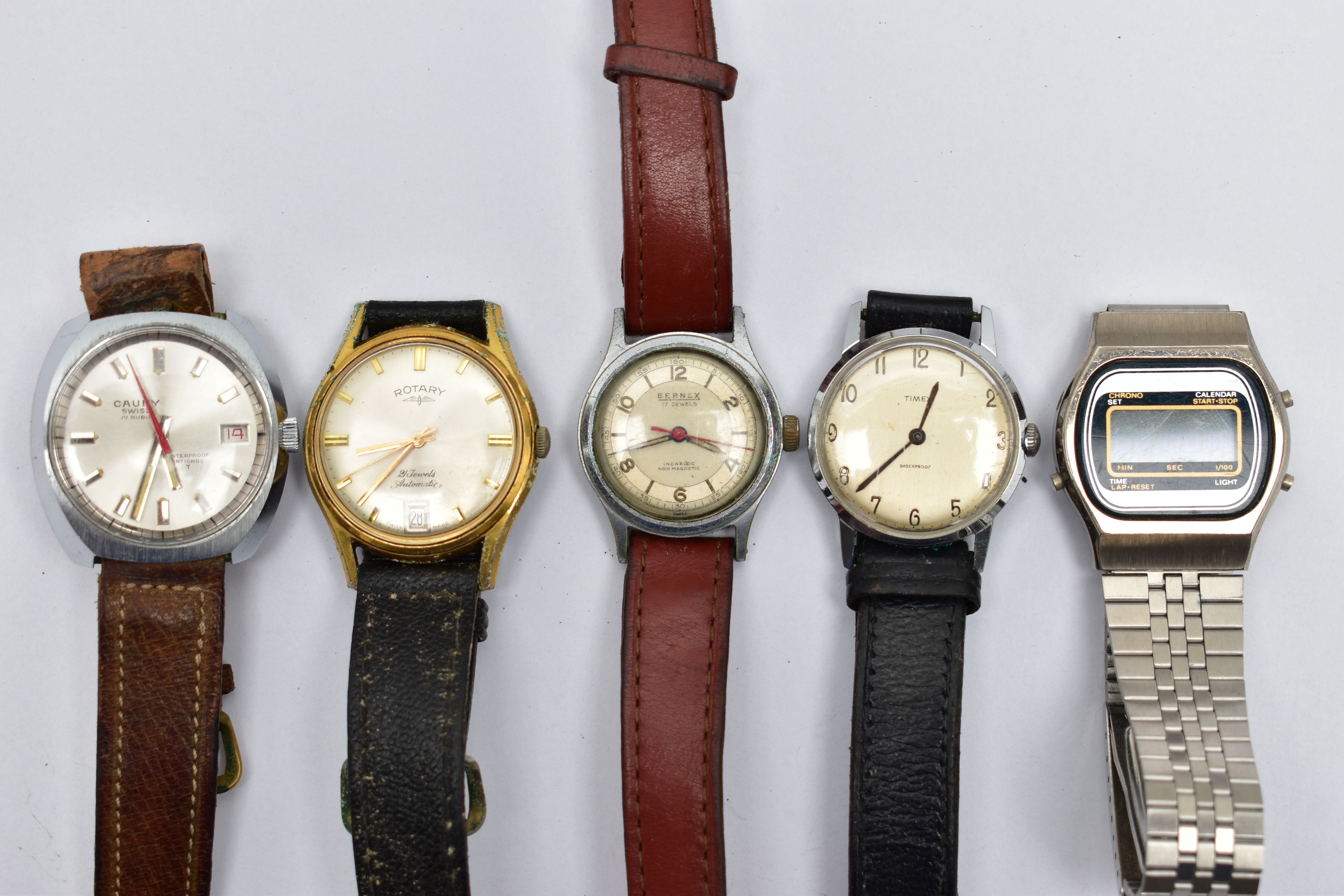 FIVE GENTS WRISTWATCHES, to include a 'Cauny, Swiss 17 rubies', watch, manual wind, round silver - Image 2 of 5